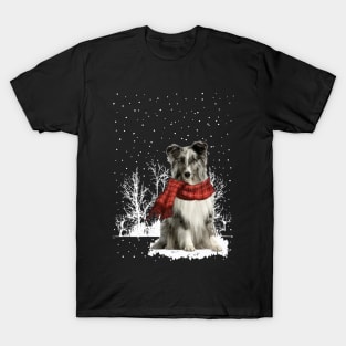 Christmas Shetland Sheepdog With Scarf In Winter Forest T-Shirt